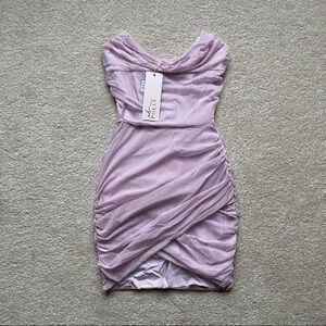 AGAPE LAVENDAR STRAPLESS BANDEAU WRAP ROUCHDD! Mini dress! Size small/ NWOT!